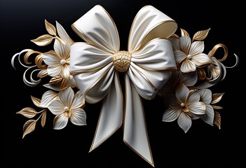 A bright gift bow made of ribbon with flowers on a dark background. Generated by AI.