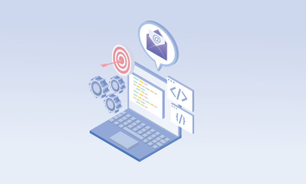 3d minimal computer desktop with open data file with target machine target mechanism email envelope.on Pastel Blue background.3d vector icon for technology,business illustration.