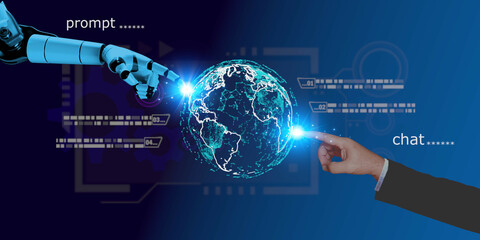 business people communicate with artificial intelligence worldwild by network chat  prompt robotic working with algorithm in business , technology concept