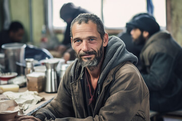 Homeless man sitting at table in shelter - obrazy, fototapety, plakaty