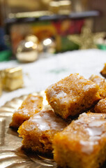 Carrot cake on Christmas table. 