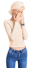 Young blonde woman wearing casual clothes rubbing eyes for fatigue and headache, sleepy and tired...