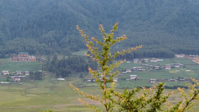 View of scenic landscape in Bhutan, view of the meadows in Phobjikha valley in Bhutan.