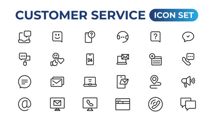 Customer service icon set. Containing customer satisfied, assistance, experience, feedback, operator and technical support icons.Thin outline icons pack.