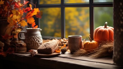 Cozy autumn still life with warm drink and food by window. Seasonal comfort - obrazy, fototapety, plakaty