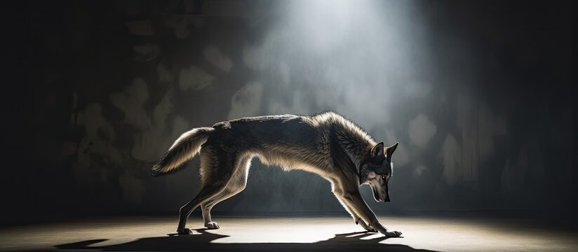 Wolf shadow in studio while doing a handstand, with edited photo