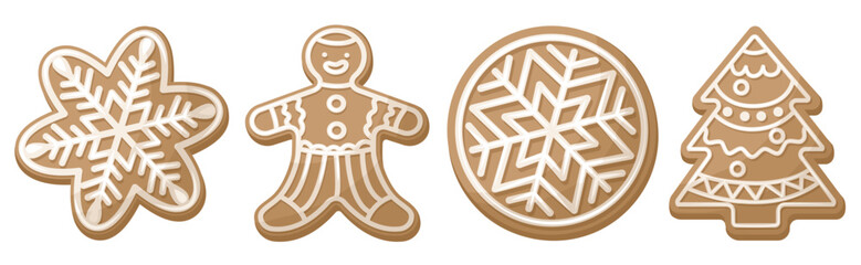 A set of gingerbread cookies of various shapes, decorated with icing. Delicious baked goods for a happy and cozy Christmas and New Year. Vector illustration isolated on white background.