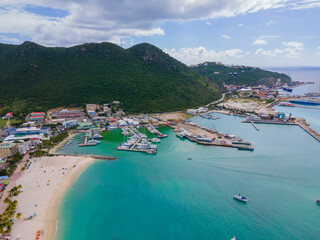 Philipsburg historic city center aerial view including Cruise Pier and beach on Broadwalk at Great...