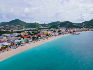 Philipsburg historic city center aerial view including Front Street and beach on Broadwalk at Great...