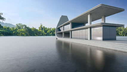 Empty concrete floor and gray wall. 3d rendering of modern building with clear sky background.