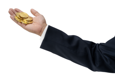 Investment concept, Businessman holding a coin and bitcoin symbol Currency sign isolated on white background, Shiny golden physical cryptocurrencies Bitcoin symbol coins on white PNG File.