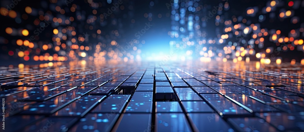 Poster concept of quantum computer technologies and big data depicted in an abstract digital background.