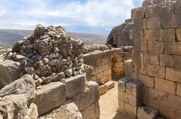 View  of the adjacent valley from the north tower of medieval fortress of Nimrod - Qalaat al-Subeiba, located near the border with Syria and Lebanon on the Golan Heights, in northern Israel