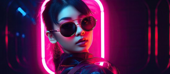 Futuristic portrait of stylish Asian teenage girl in neon light, wearing crescent-shaped sunglasses. Cyber concept.