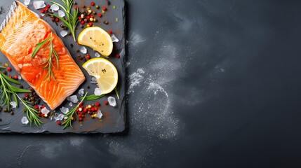 a piece of fish with lemons and spices on a slate plate