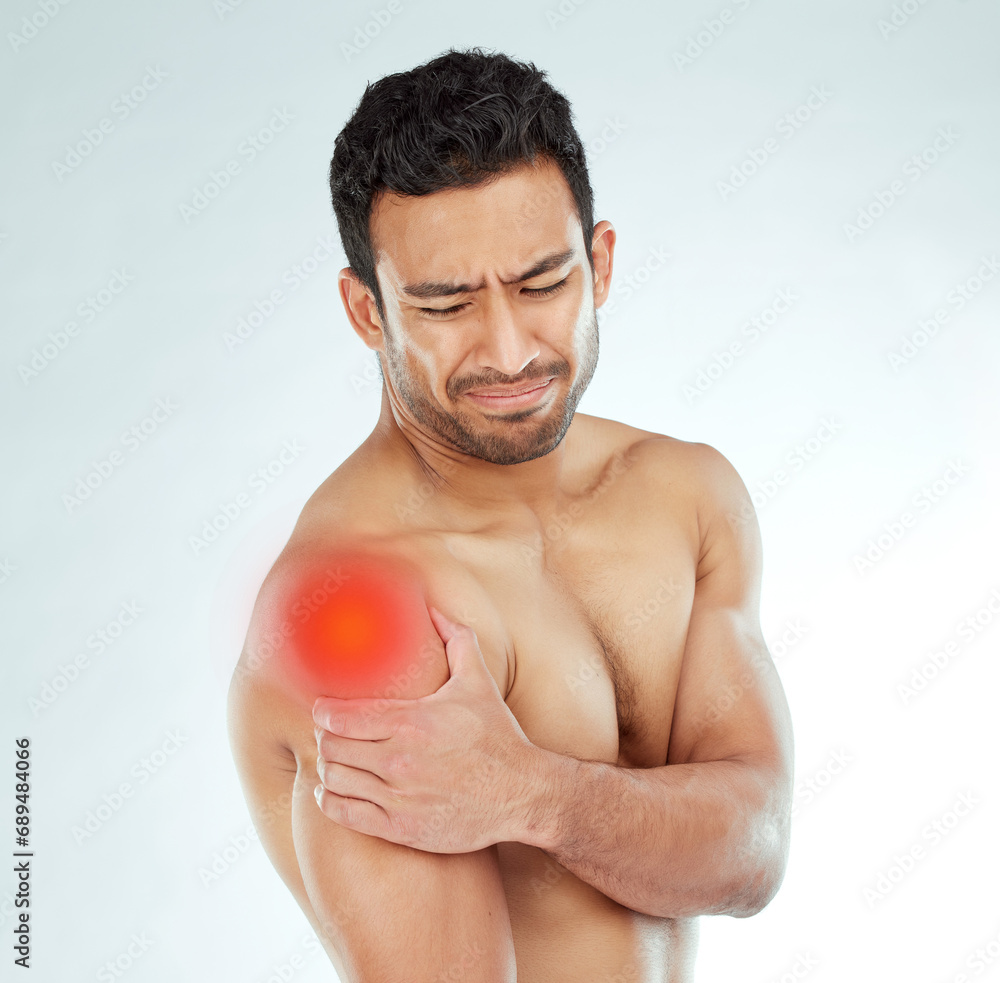 Sticker Shoulder pain, stress and asian fitness man in studio with muscle tension, arthritis or inflammation on white background. Sports, injury and face of Japanese model with fibromyalgia or osteoporosis