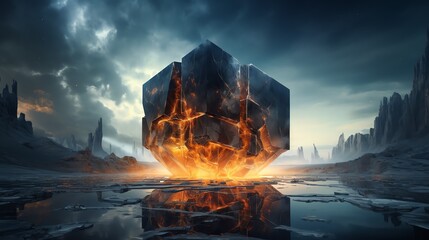 a cube shaped object with flames coming out of it - Powered by Adobe