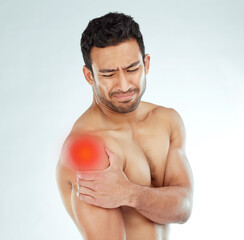 Shoulder pain, stress and asian fitness man in studio with muscle tension, arthritis or...