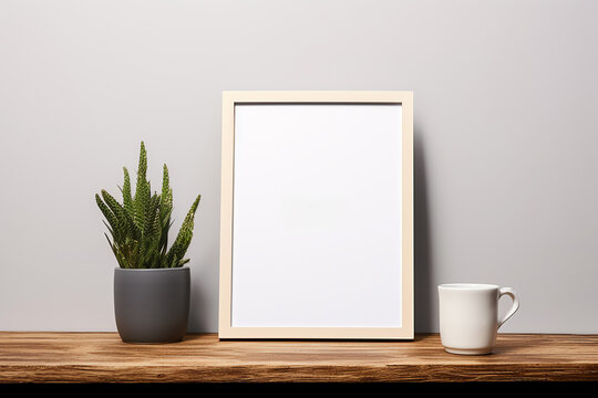 a picture frame and a plant on a table