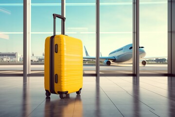 a yellow suitcase in a room with windows and a plane in the background