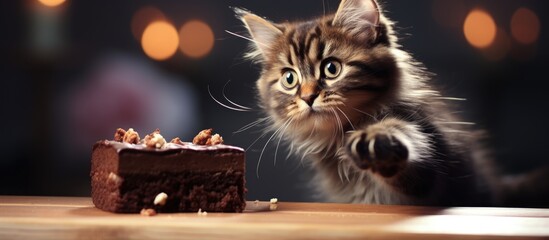 Cat eating chocolate cake and attempting to snatch food from table with blurred background. - obrazy, fototapety, plakaty