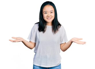 Young chinese woman wearing casual white t shirt clueless and confused expression with arms and hands raised. doubt concept.