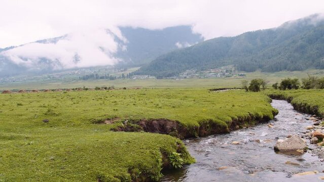 View of scenic landscape in the mountains in Bhutan, view of a creek in the meadows of Phobjikha valley in Bhutan.