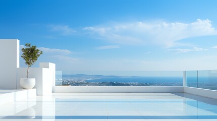 a white tile floor with a glass railing overlooking a city