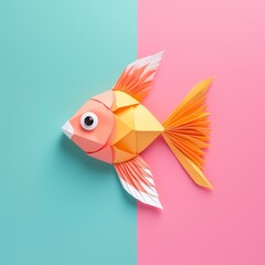 a paper fish on a pink and blue background