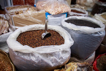 Bags of premium kampot black pepper displayed and sold in Samaki Market, a famous export product...