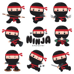 A fun and adorable cartoon-style illustration featuring ninja characters dressed in black outfits with red headbands. The ninjas are depicted in different action poses © sararoom