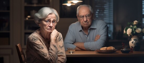 Elderly couple in conflict, ignoring each other at home, upset over family issues and finances. - obrazy, fototapety, plakaty