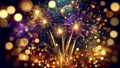 Fototapeta na wymiar abstract holiday background featuring gold and dark violet fireworks and bokeh, capturing the excitement of New Year's Eve. The image should depict