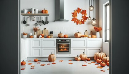 white modern kitchen decorated for fall with orange pumpkins and leaves. The kitchen should have a contemporary design with clean lines