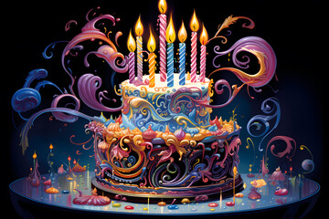 Birthday cake with candles on black background, vector eps10
