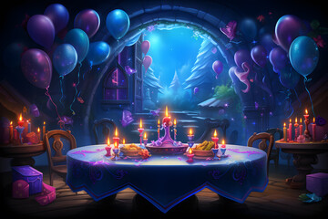 Birthday cake with colorful balloons and confetti, 3d illustration - Powered by Adobe