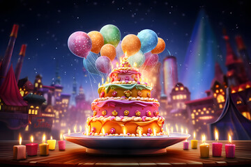 Birthday cake with colorful balloons and confetti, 3d illustration