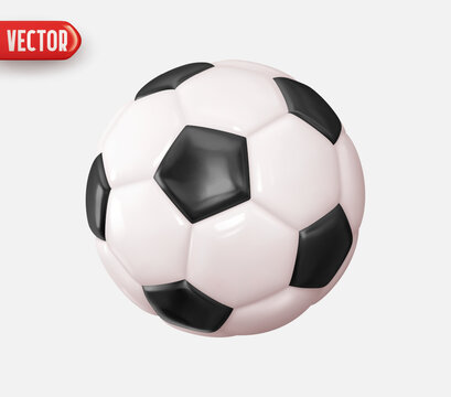 Soccer ball. Football ball realistic 3d design style. Leather texture white and black color. Mockup of sports elements isolated on white background. vector illustration