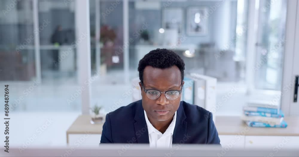 Poster business man, reading on computer and planning in office for online research and analysis on account