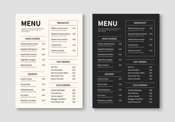 Menu template for restaurant and cafe. Minimalist restaurant menu booklet design. Brochure, cover, flyer design. Vector illustration