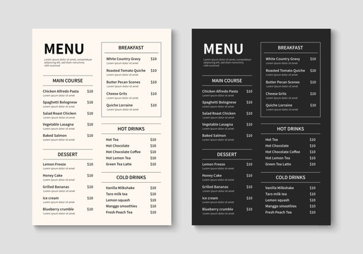 Menu template for restaurant and cafe. Minimalist restaurant menu booklet design. Brochure, cover, flyer design. Vector illustration