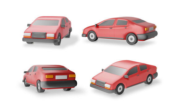3D Set of Red Car Vintage Model. Render Collection of Realistic Car. Classic Sedan Motor Vehicle. Plastic Toy Auto. Advertising For Driving School Carsharing and Repair Service. Vector Illustration