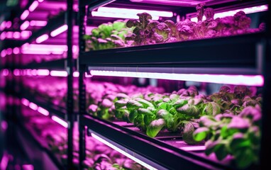 Hydroponic grow rack indoor farming with growing lettuces and tomatoes, violet LED glow lights - obrazy, fototapety, plakaty