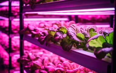 Hydroponic grow rack indoor farming with growing lettuces and tomatoes, violet LED glow lights