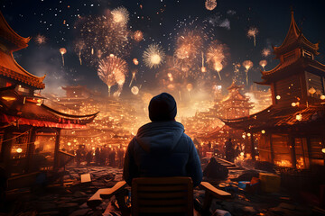 chinese new year lanterns, chinese new year dragon, fireworks in the city, wallpaper and social media background for china newyears festival - obrazy, fototapety, plakaty