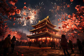chinese new year lanterns, chinese new year dragon, fireworks in the city, wallpaper and social media background for china newyears festival - obrazy, fototapety, plakaty