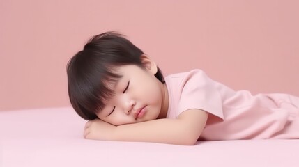 Obraz na płótnie Canvas Cute asian's boy lying on floor sleeping with closed eyes in light pink color background generative ai