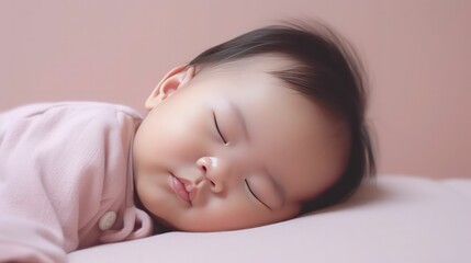 Cute asian's baby girl lying on floor sleeping with closed eyes in light pink color background  generative ai