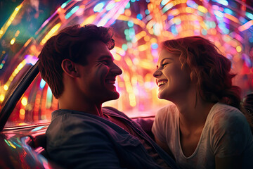 joyous couple smiling in a carnival with colorful cars