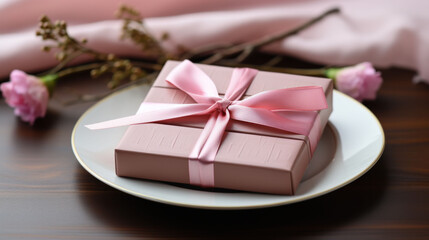  A charming gift box in pink rests on a ceramic plate, adorned with a delicate satin ribbon, evoking a sense of gentle celebration.